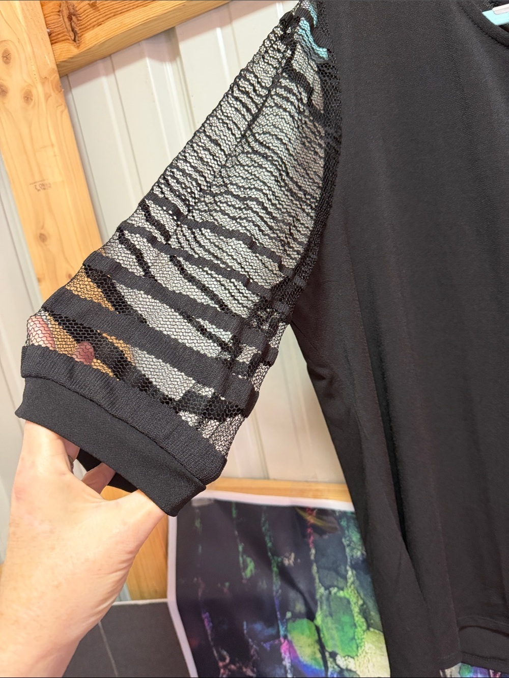 Black 3/4 Sleeve Tee with Sheer Lace Paneled Sleeves - Picture 5 of 6